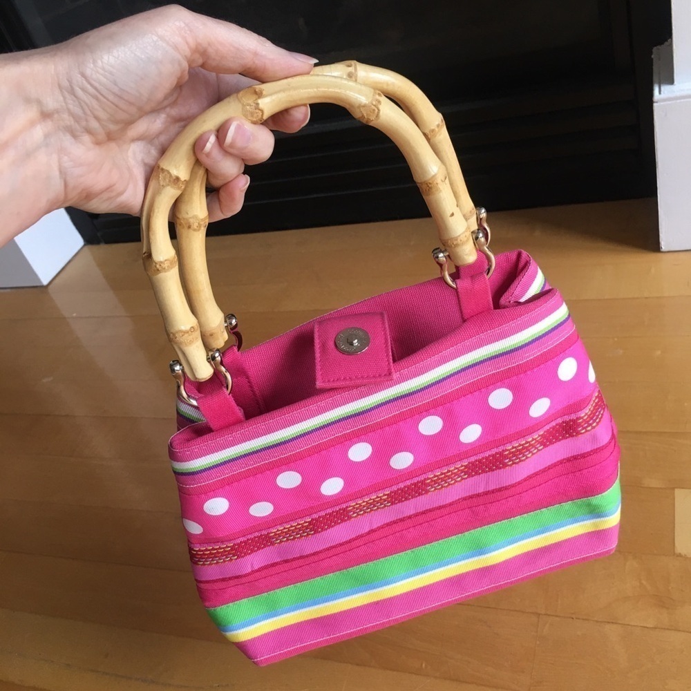 Mercer & Madison Bamboo Handle Mini Bag, Stripes, Polka Dots, Neon Pink, Green